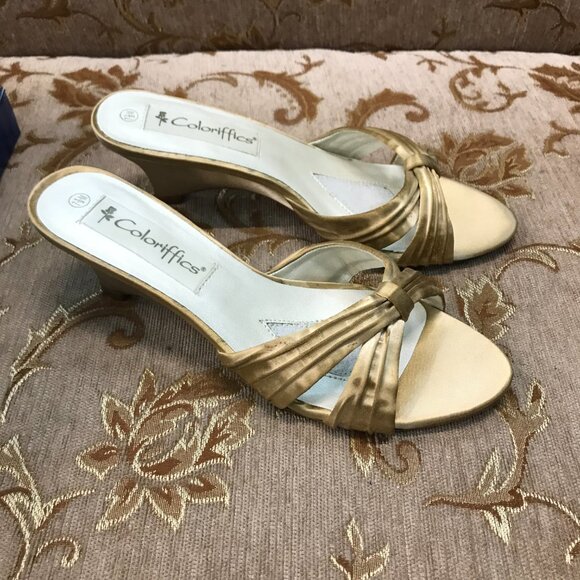 Gold-Dyed Satin Wedge Sandal, Formal Pump Wedding Shoe Comfortable - Picture 4 of 16